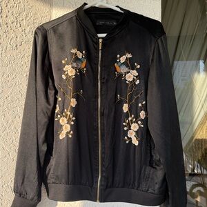 ZARA Black Satin Floral Embriodered Bomber Jacket